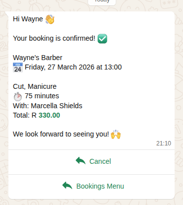 WhatsApp booking confirmation message with appointment details