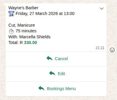 WhatsApp menu showing booking options and upcoming appointments